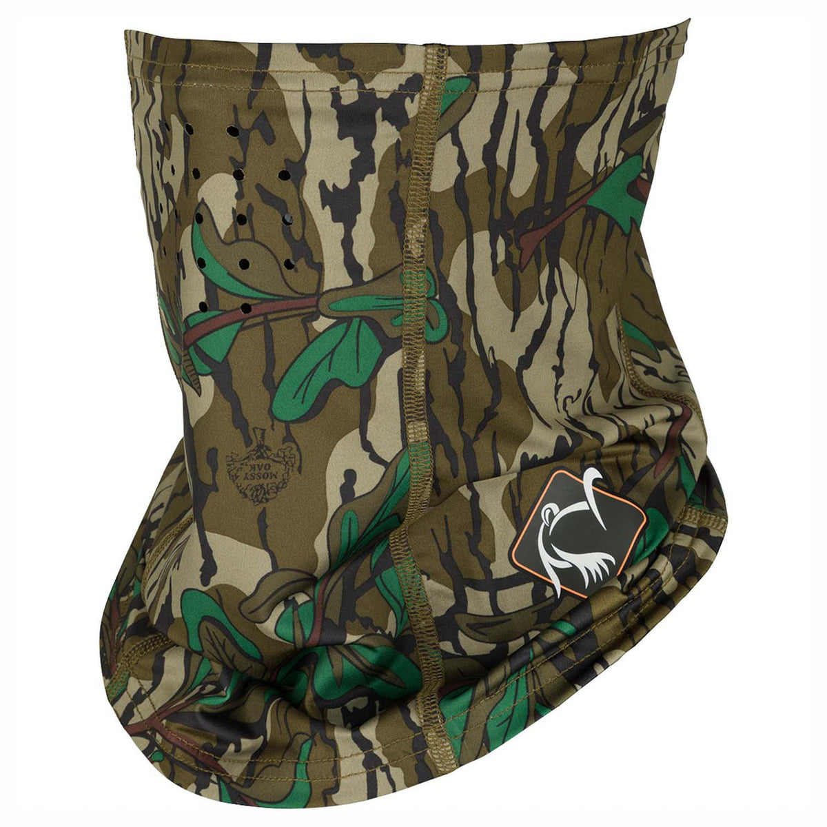 Drake Waterfowl Youth Performance Face Mask Image in Mossy Oak Greenleaf Mossy Oak Bottomland