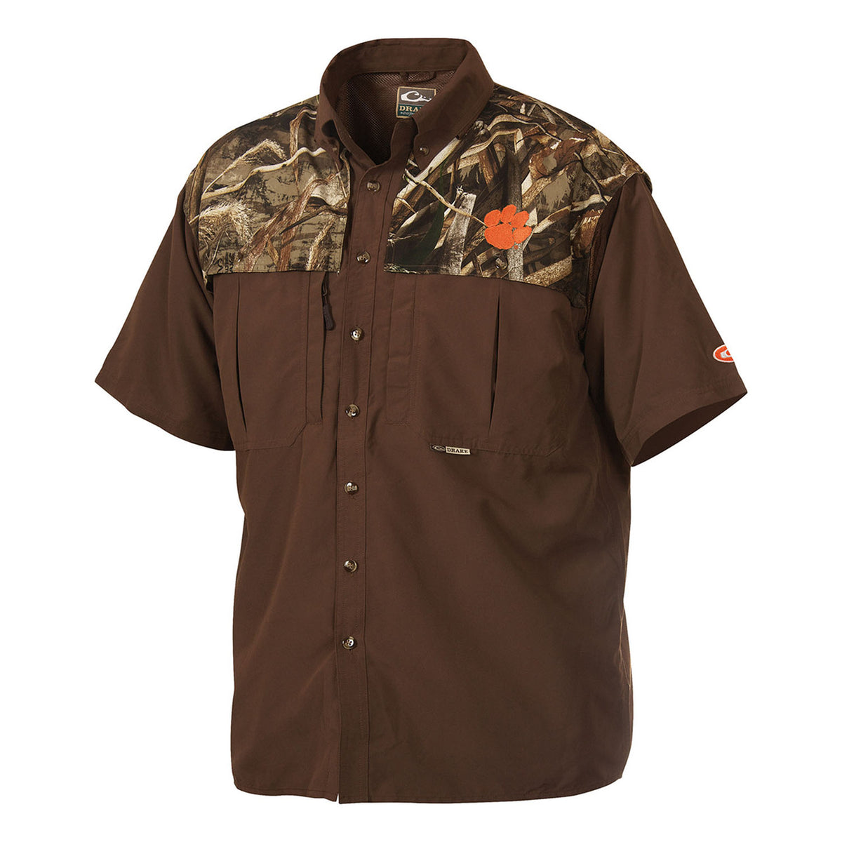 Drake Waterfowl Clemson Two Tone Wingshooter Short-Sleeve Shirt Image in Realtree Max 5