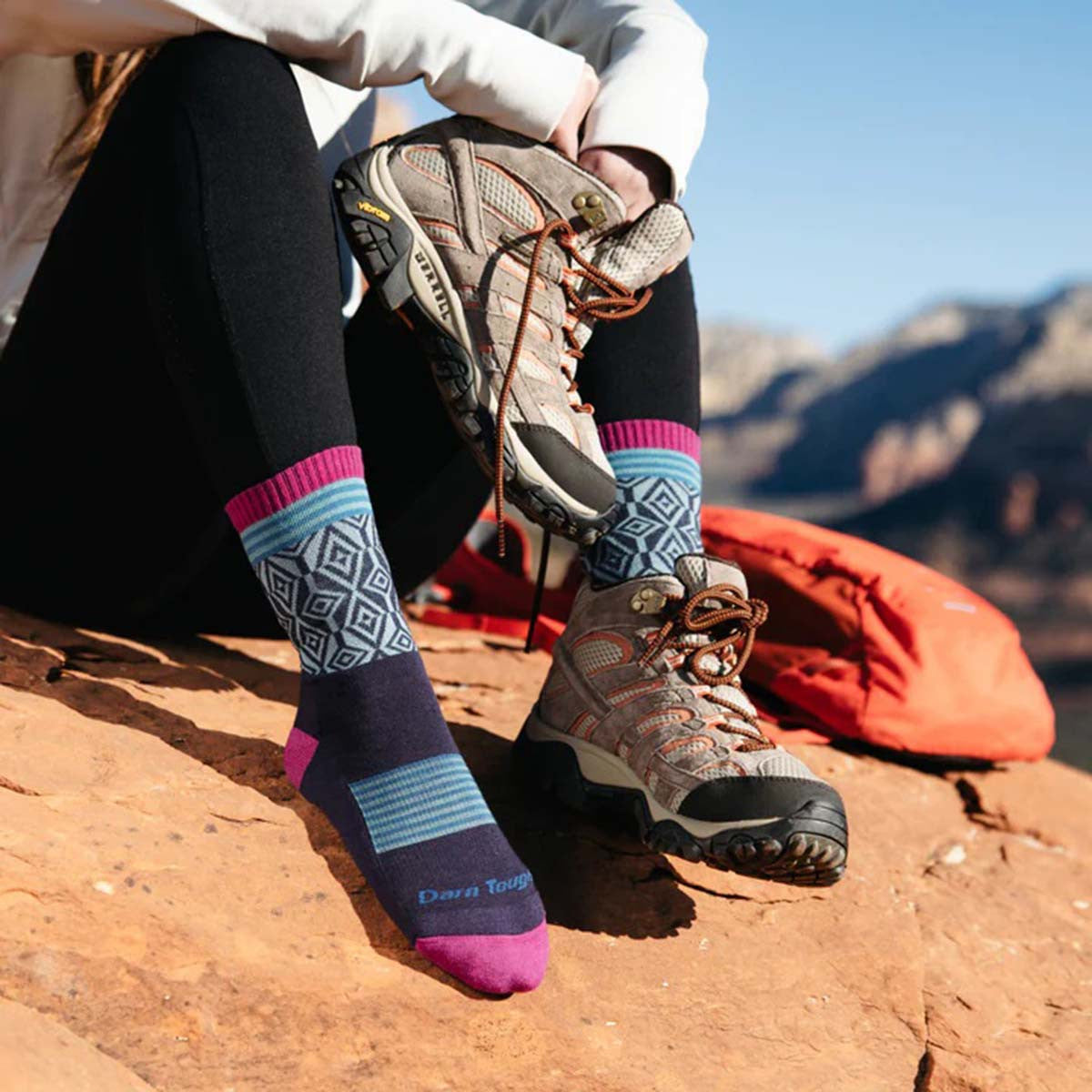 Darn Tough Women's Sobo Micro Crew Lightweight Hiking Socks Lifestyle Image in Blackberry