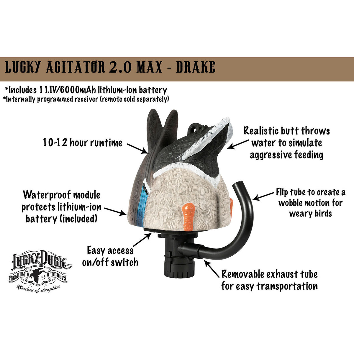 Lucky Duck HDi Agitator 2.0 Max Series Motion Decoy, Mallard Drake Features Image