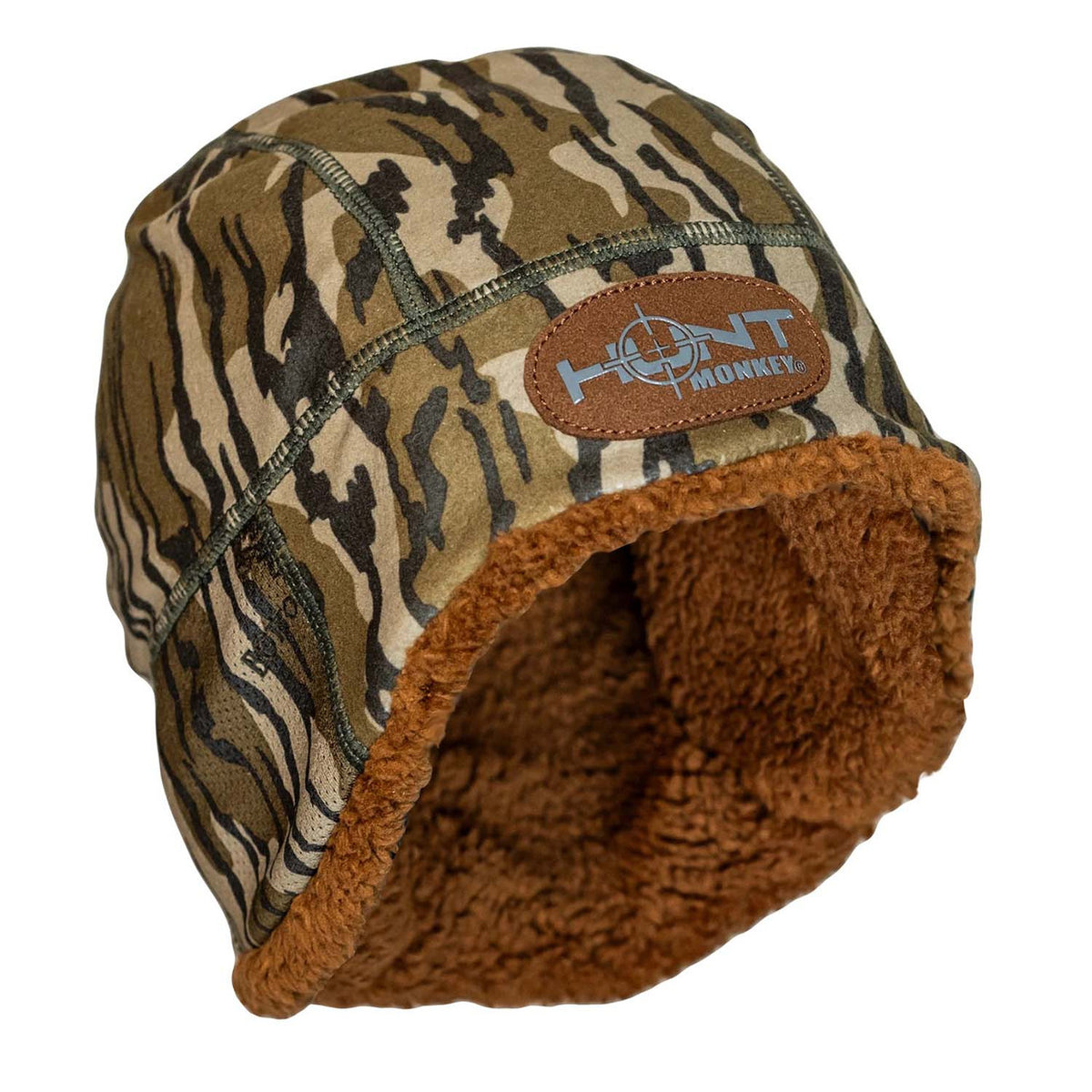 Hunt Monkey Conceal Sherpa Fleece Beanie Image in Mossy Oak Original Bottomland