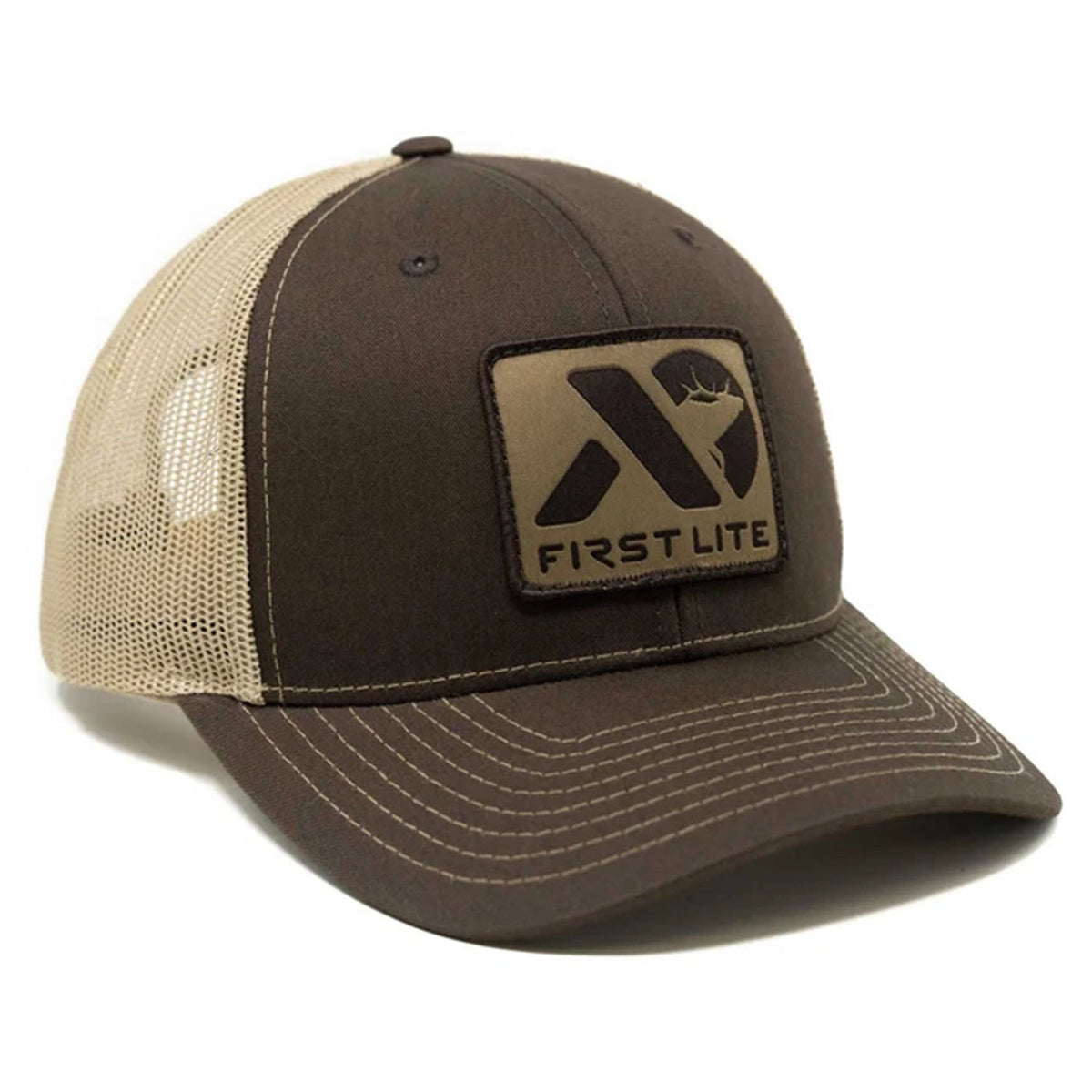 Front Image of the First Lite Elk Patch Trucker Hat.