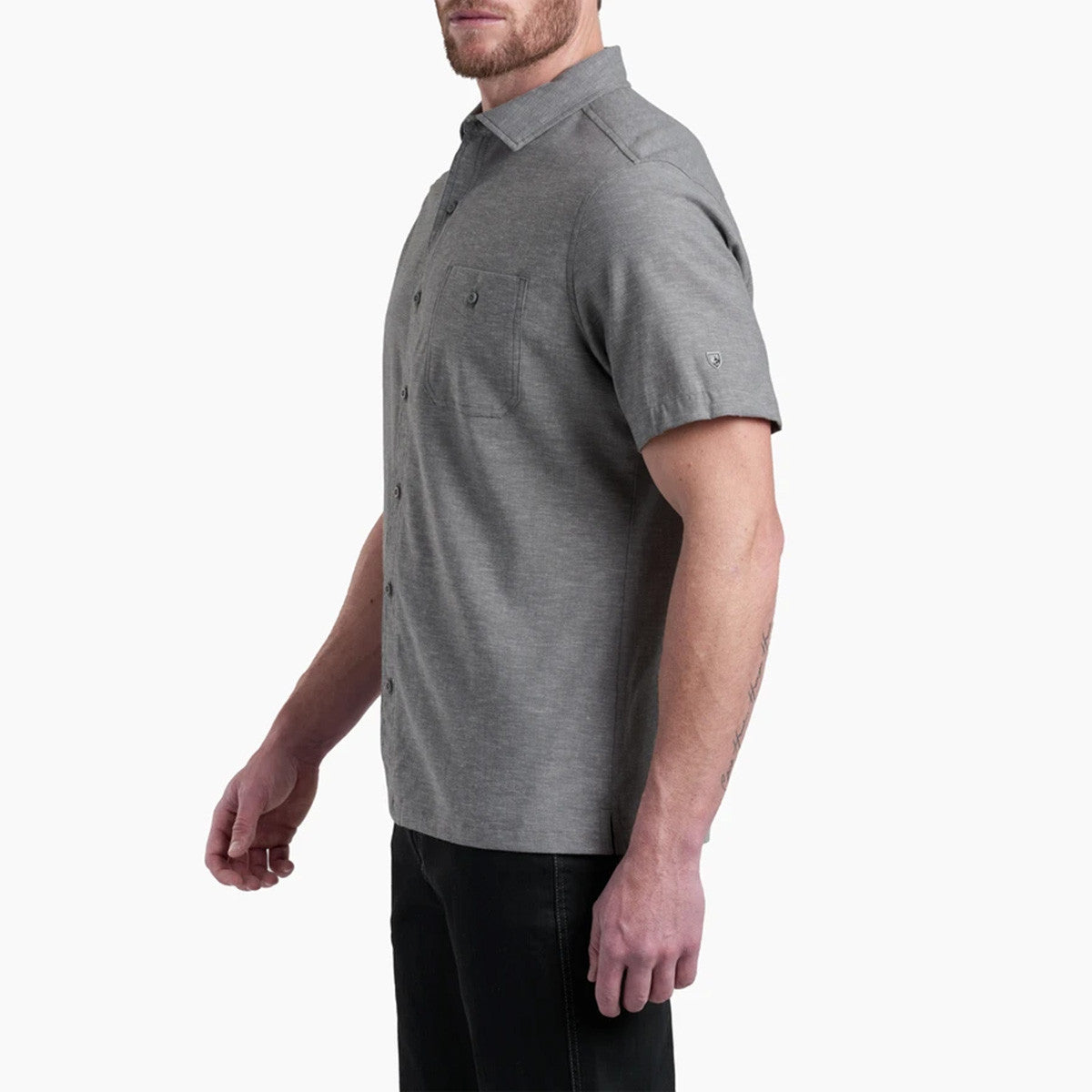 Kuhl Getaway Short Sleeve Shirt Side Image in Summit Gray