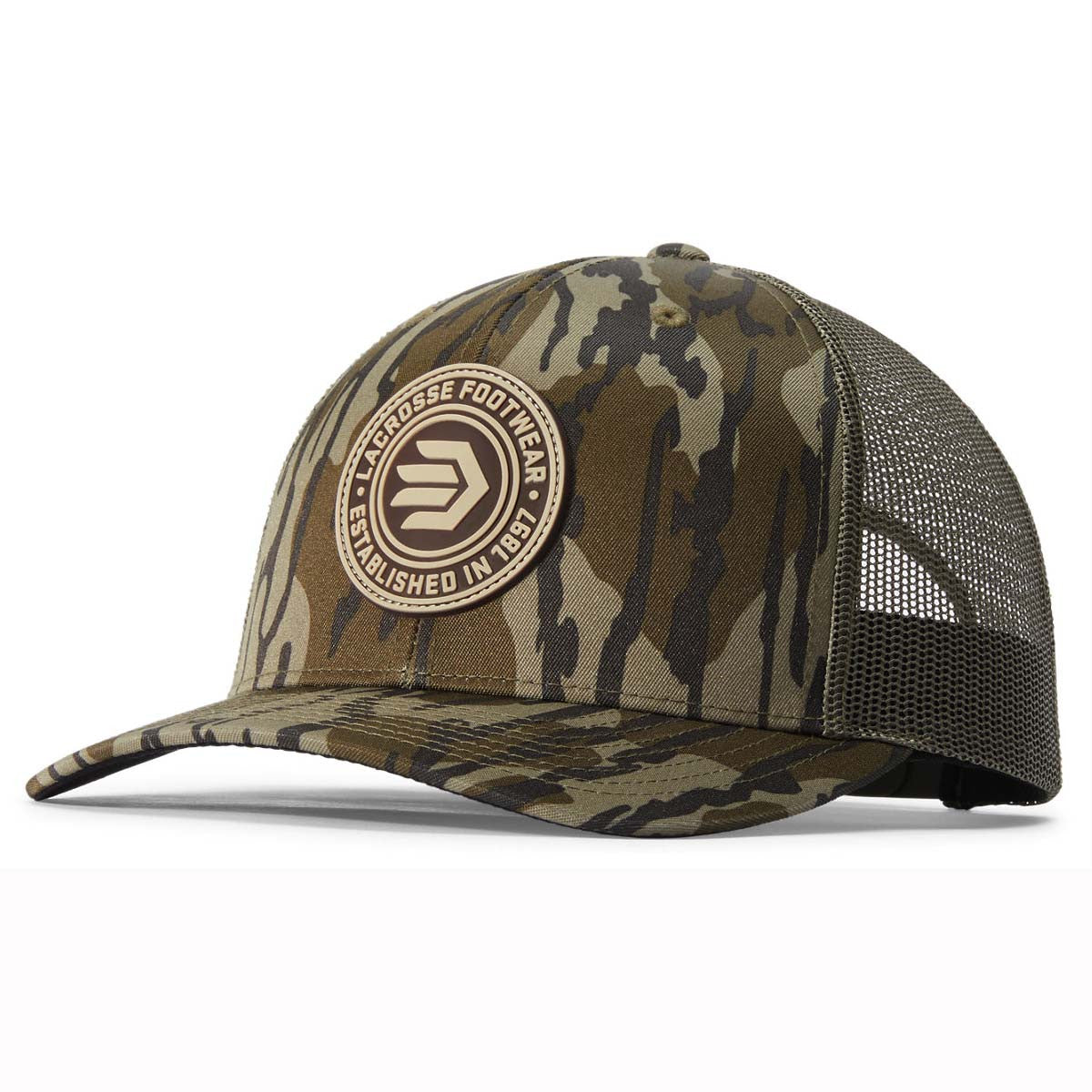 LaCrosse Mossy Oak Bottomland Rubber Patch Trucker Hat Front Image