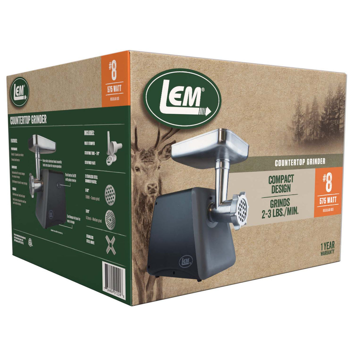 Box image of the LEM #8 575 Watt Electric Grinder.