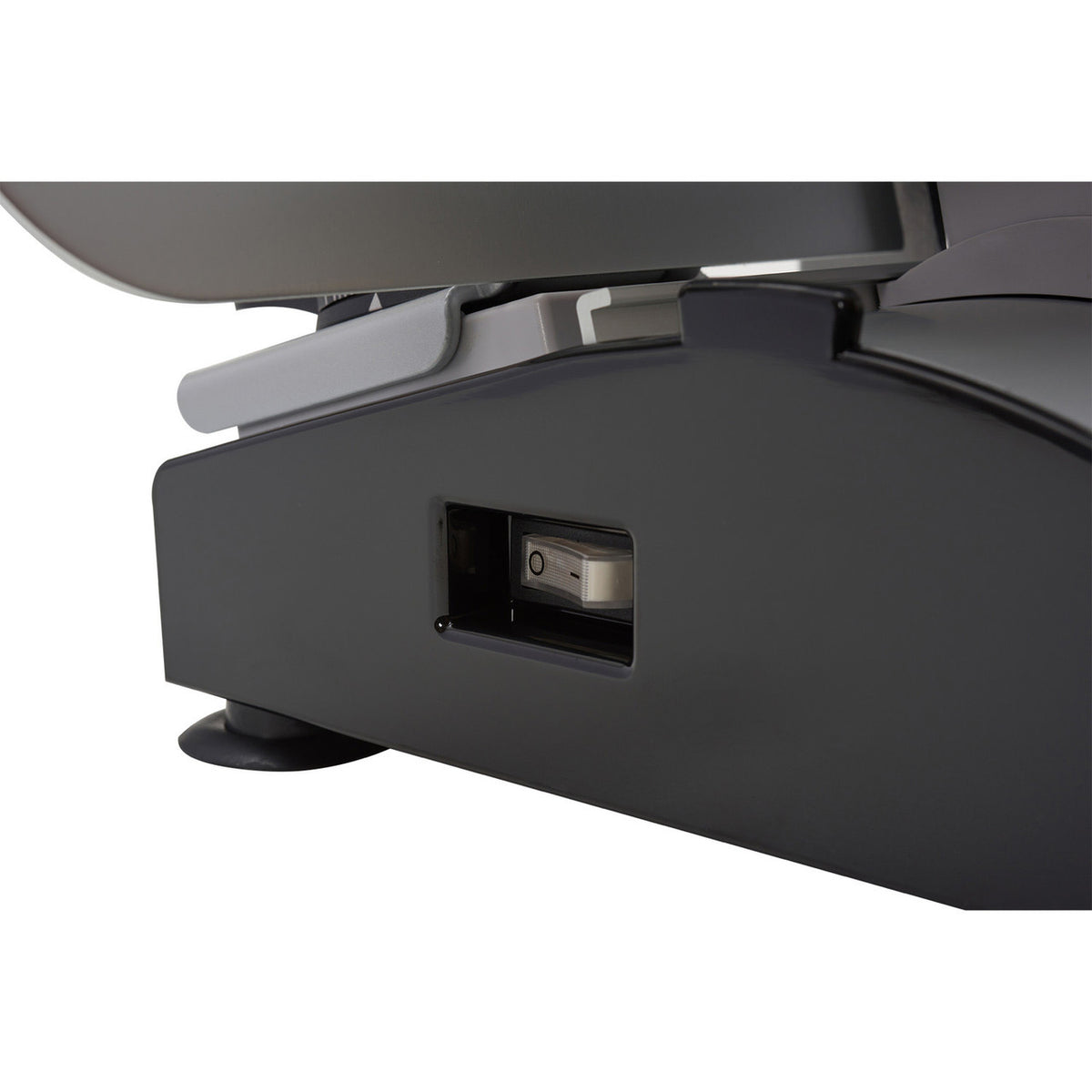 Side image of the LEM Mighty Bite 8.5" Belt Driven Meat Slicer.