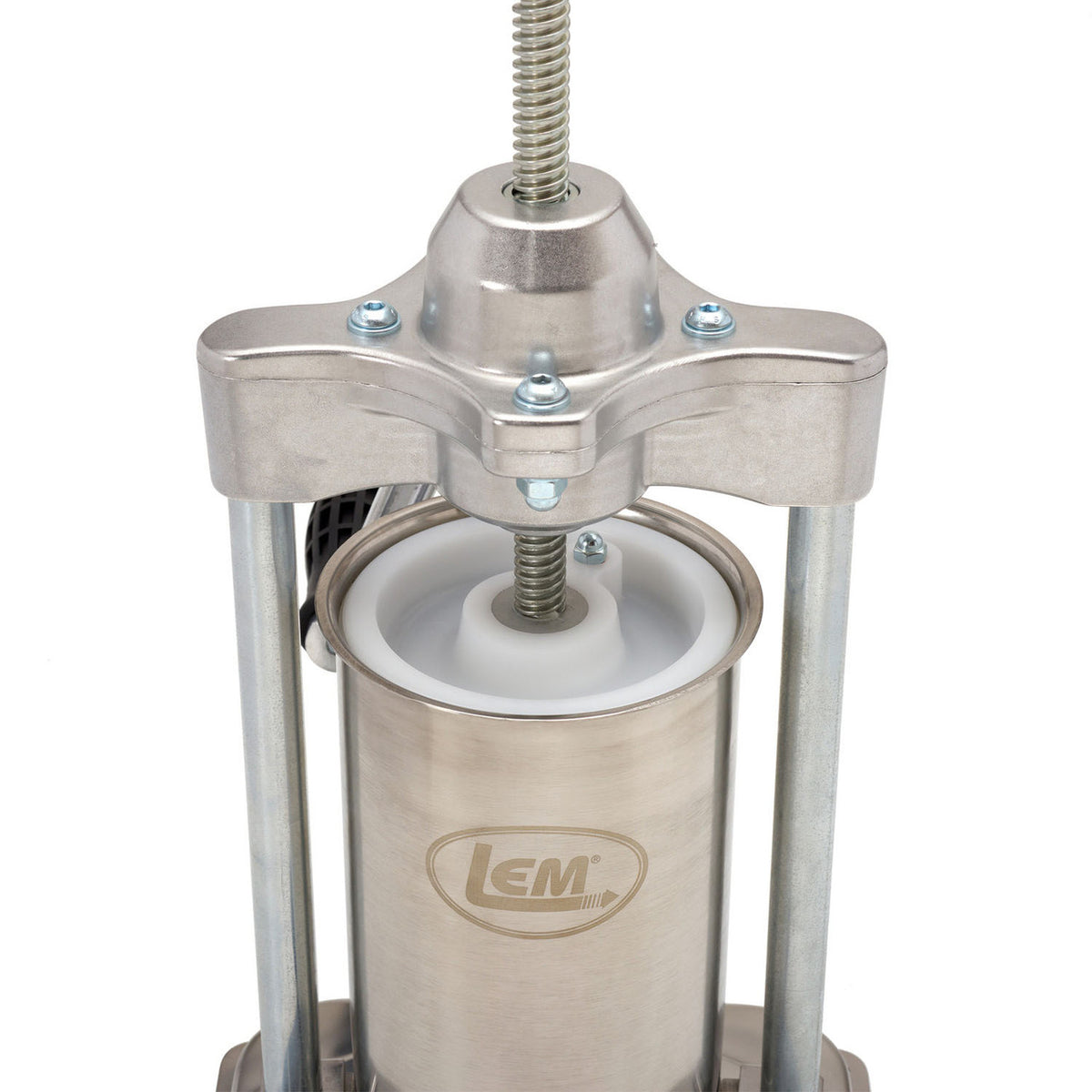 Top image of the LEM Mighty Bite 5lb Vertical Stainless Steel Stuffer with Gear Box.