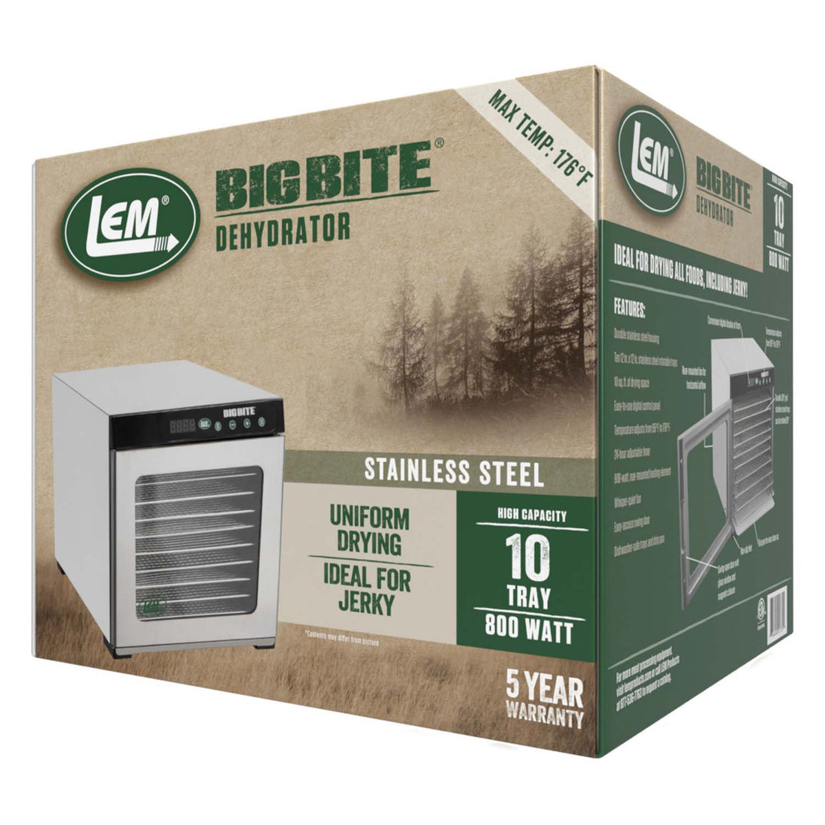 Box image of the LEM BigBite 10-Tray Stainless Steel Dehydrator..