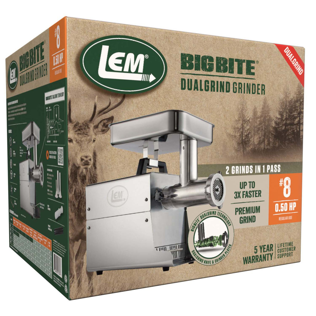 Box image of the LEM Big Bite LEM #8 .5HP Stainless Steel Electric Grinder.
