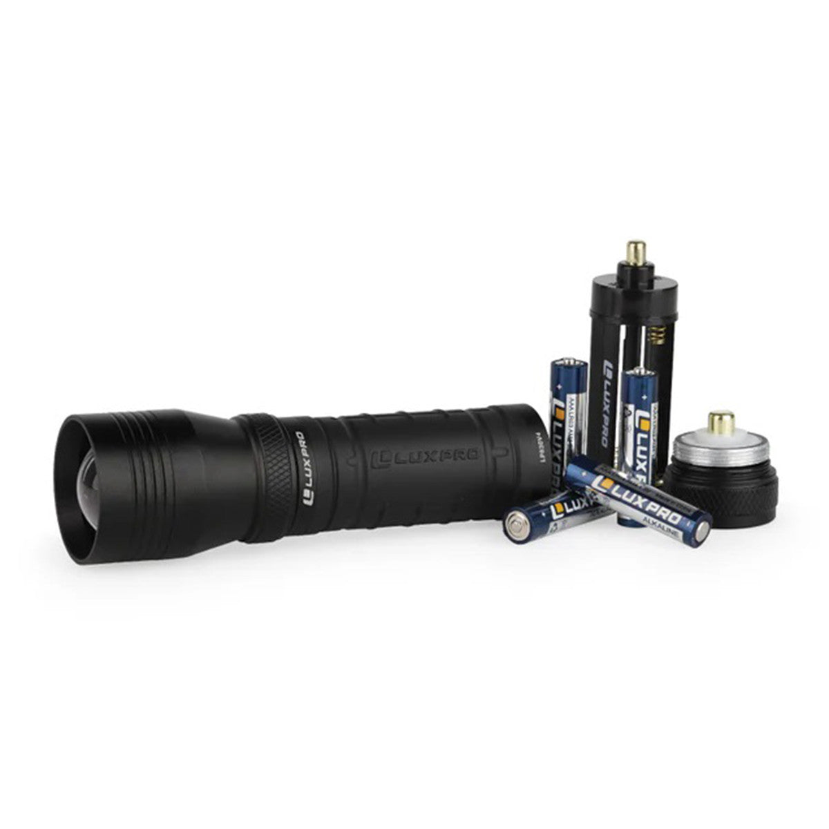 LuxPro 1000 Lumen Focusing LED Flashlight All Components Image