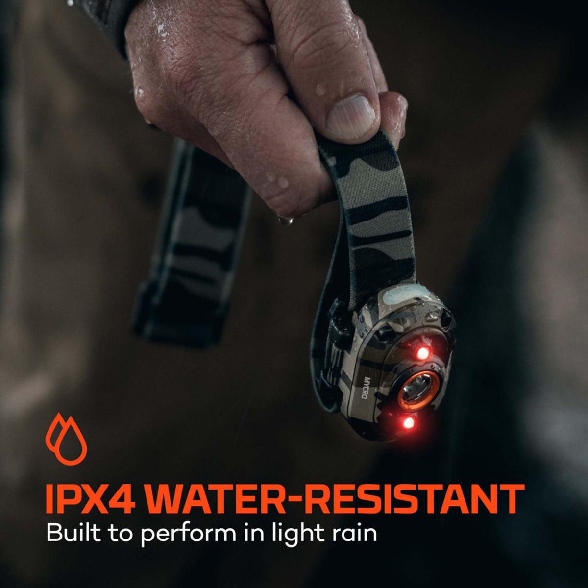 IPX4 Water Resistant Image of the Nebo Lighting Mycro 450 Headlamp.