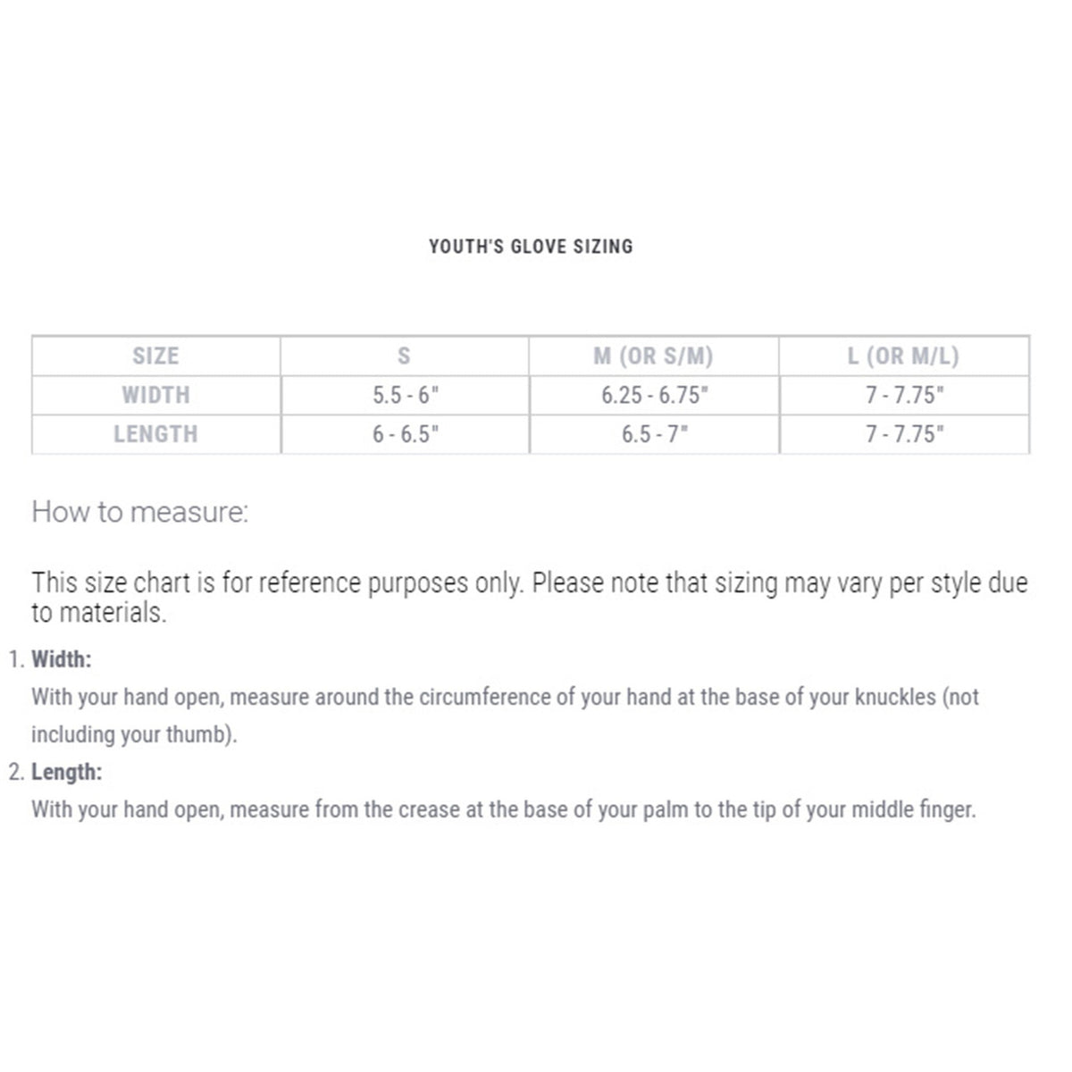 Huntworth Youth Tricot Fleece-Lined Pop-Top Hunting Glove Sizing Image