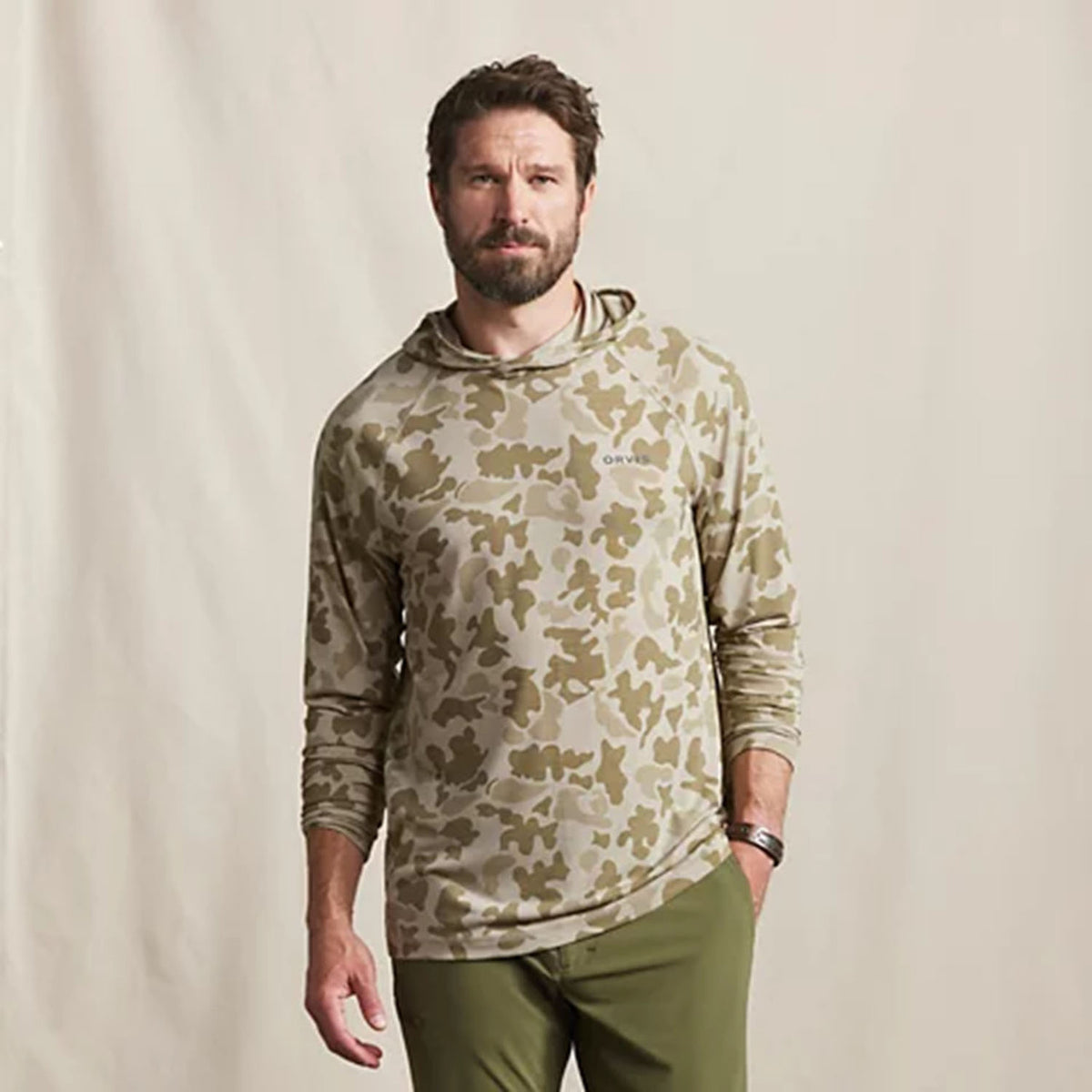 Hood Down Model Image of the Orvis DriCast Hoodie.