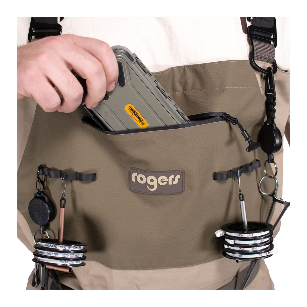 front pocket in use image of Rogers Sporting Goods Elite Fishing Waders.