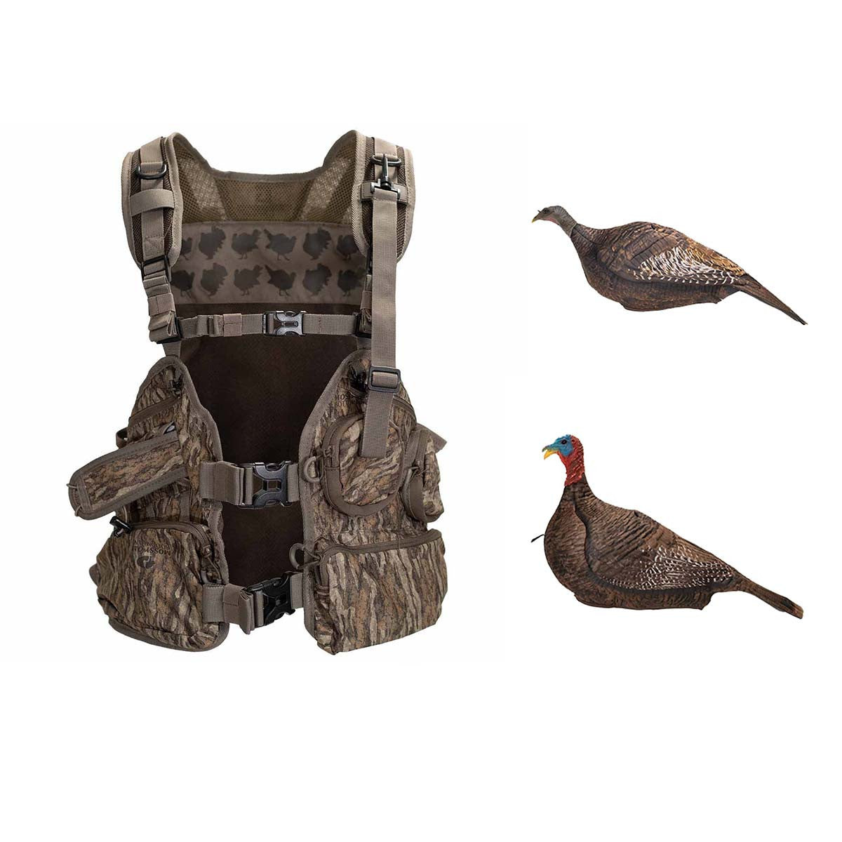 Rogers Turkey Vest OSFM Mossy Oak Bottomland with Photoform Jake and Hen Decoys Kit