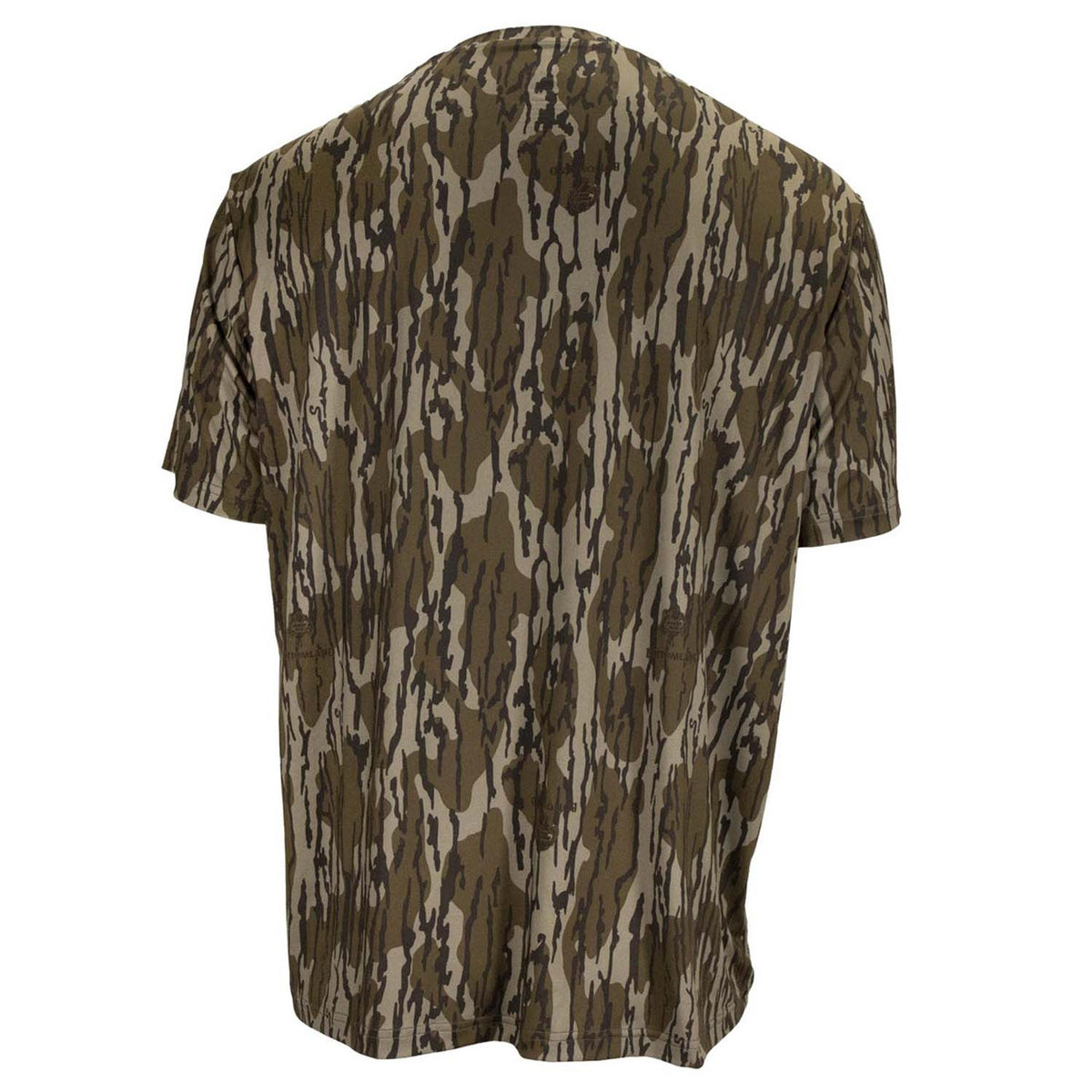 back image of side image of Rogers Sporting Goods Elite Chill Short Sleeve Tee with Bug Protection in Mossy Oak Original Bottomland.