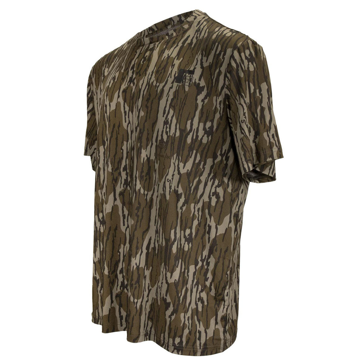 side image of Rogers Sporting Goods Elite Chill Short Sleeve Tee with Bug Protection in Mossy Oak Original Bottomland.