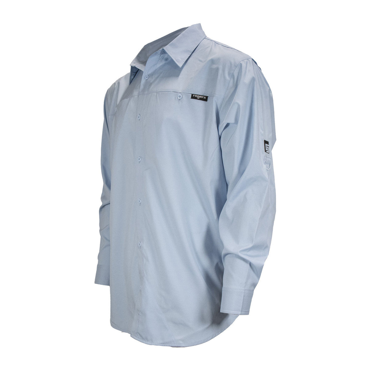 side image of Rogers Tough Guide Long Sleeve Button-Down Shirt with Bug Protection in Light Blue.