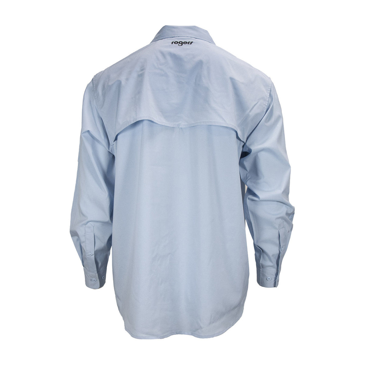 back image of Rogers Tough Guide Long Sleeve Button-Down Shirt with Bug Protection in Light Blue.