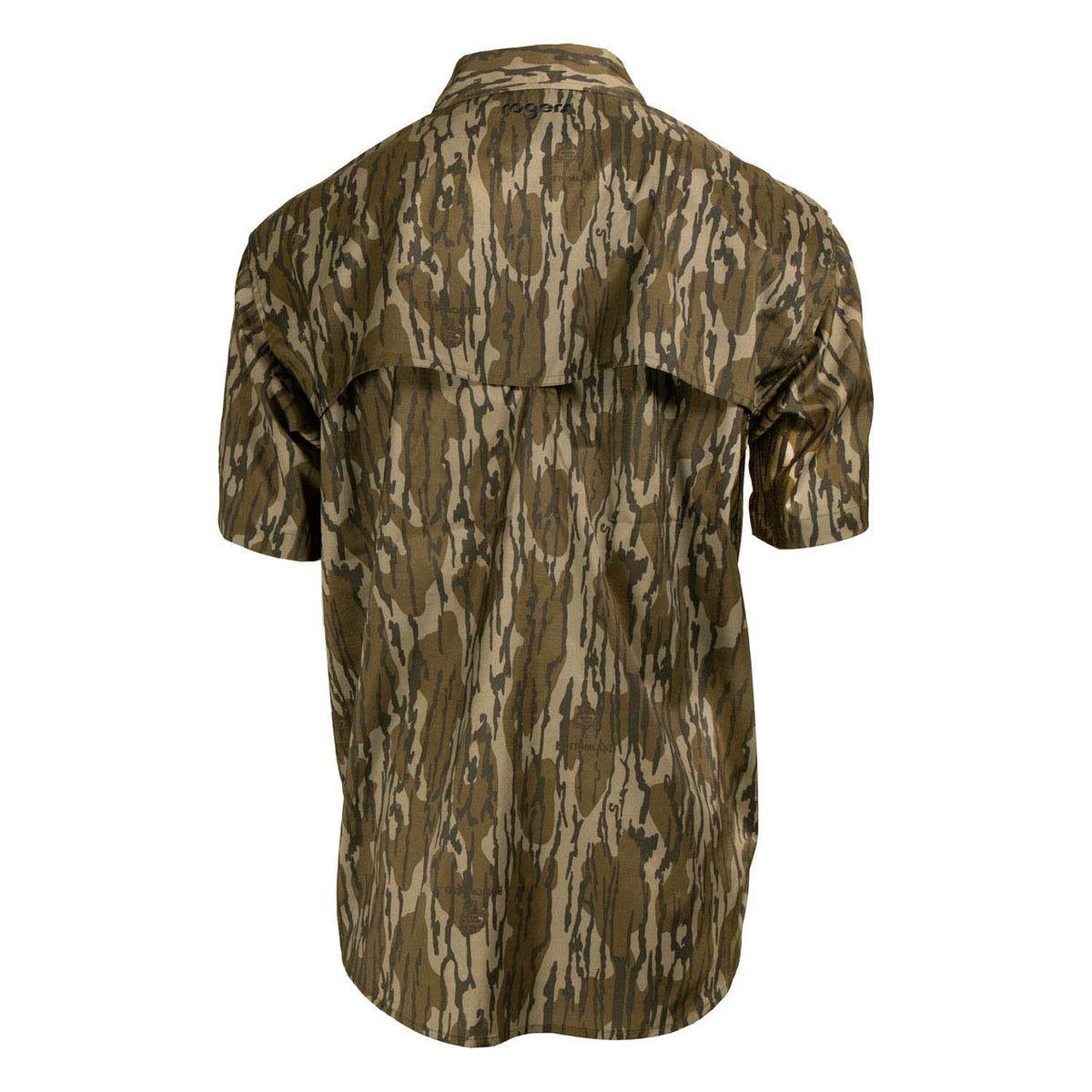 back image of Rogers Sporting Goods Tough Guide Camo Short Sleeve Button-Down Shirt with Bug Protection in Mossy Oak Original Bottomland.