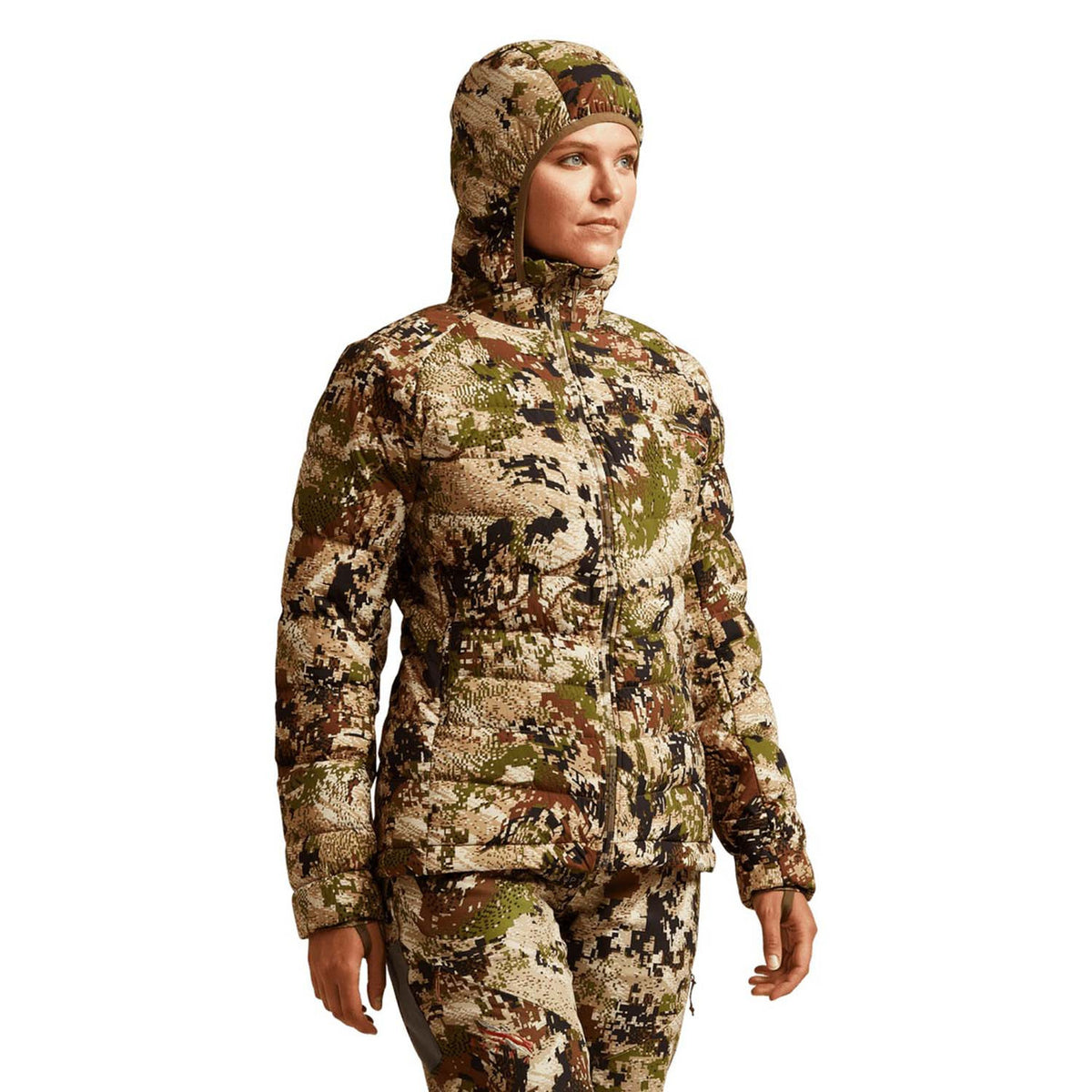 Sitka Women's Kelvin Lite Down Jacket Model Image with Hood in Subalpine