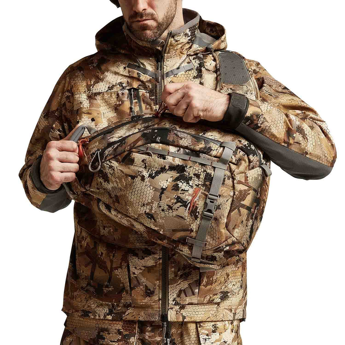 Front Model Image of the Sitka Sling Choke Pack.