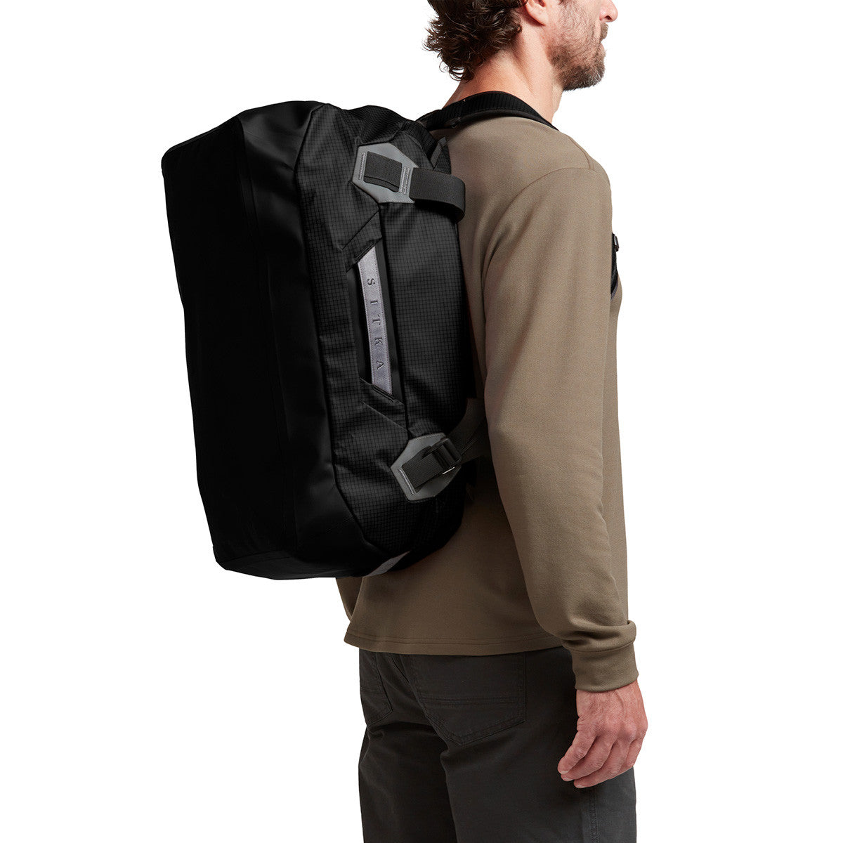 Sitka Drifter Duffel 50L Model Backpack Image in Sitka Black