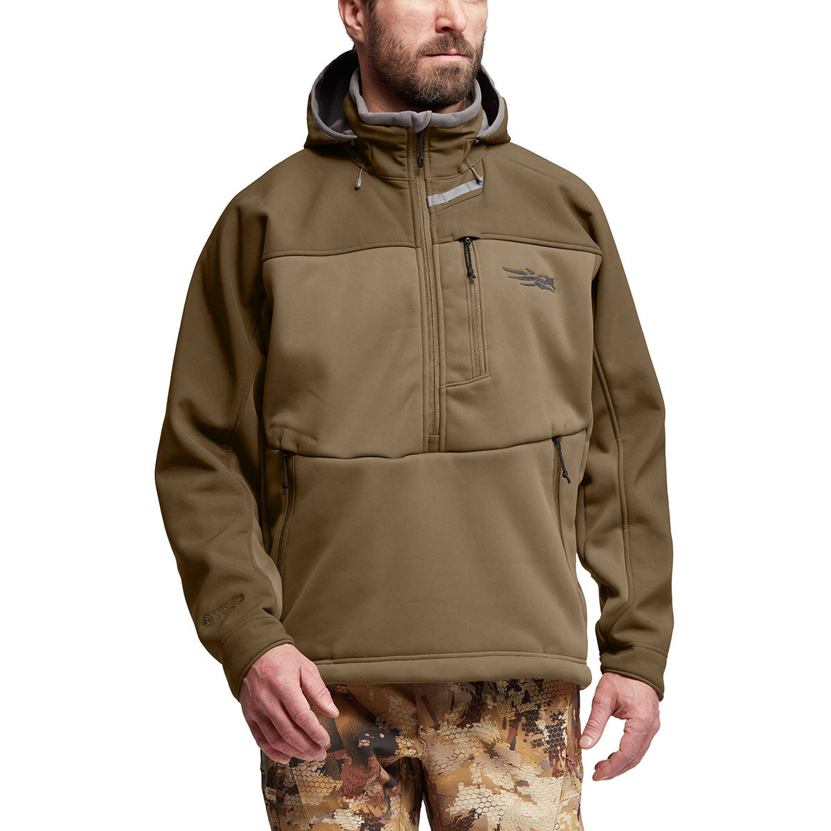 Sitka Dakota Hoodie Front Model Image with Hood Down in Coyote
