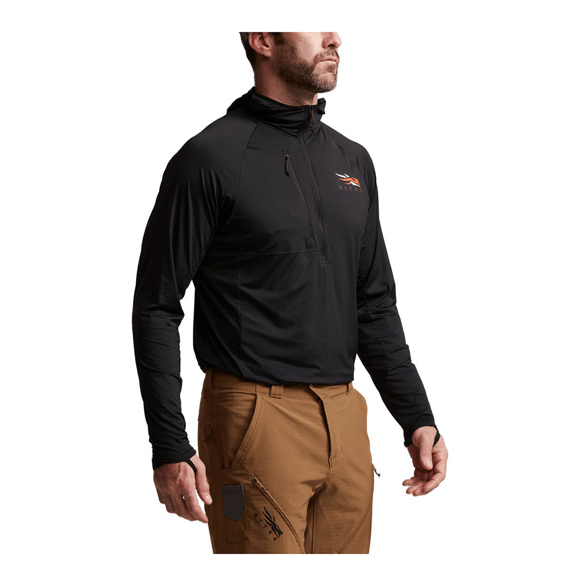 Sitka Equinox Guard Hoodie Front Angled Image in Sitka Black