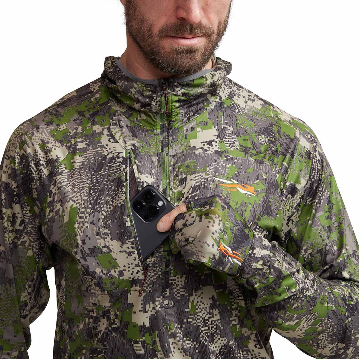Sitka Equinox Guard Hoodie Front Pocket Image in Optifade Cover