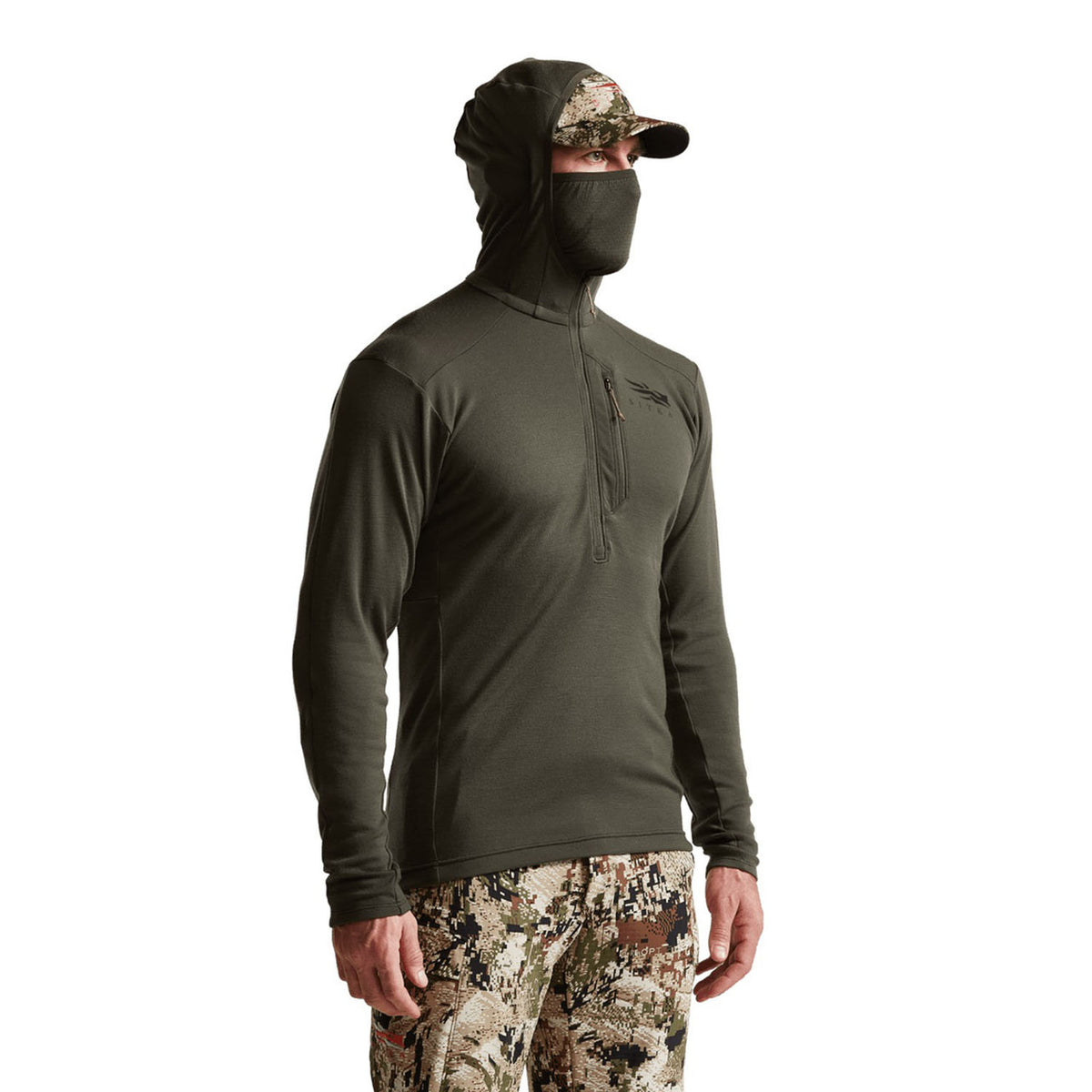 Sitka Intercept Hoodie Model Facemask Image in Deep Lichen