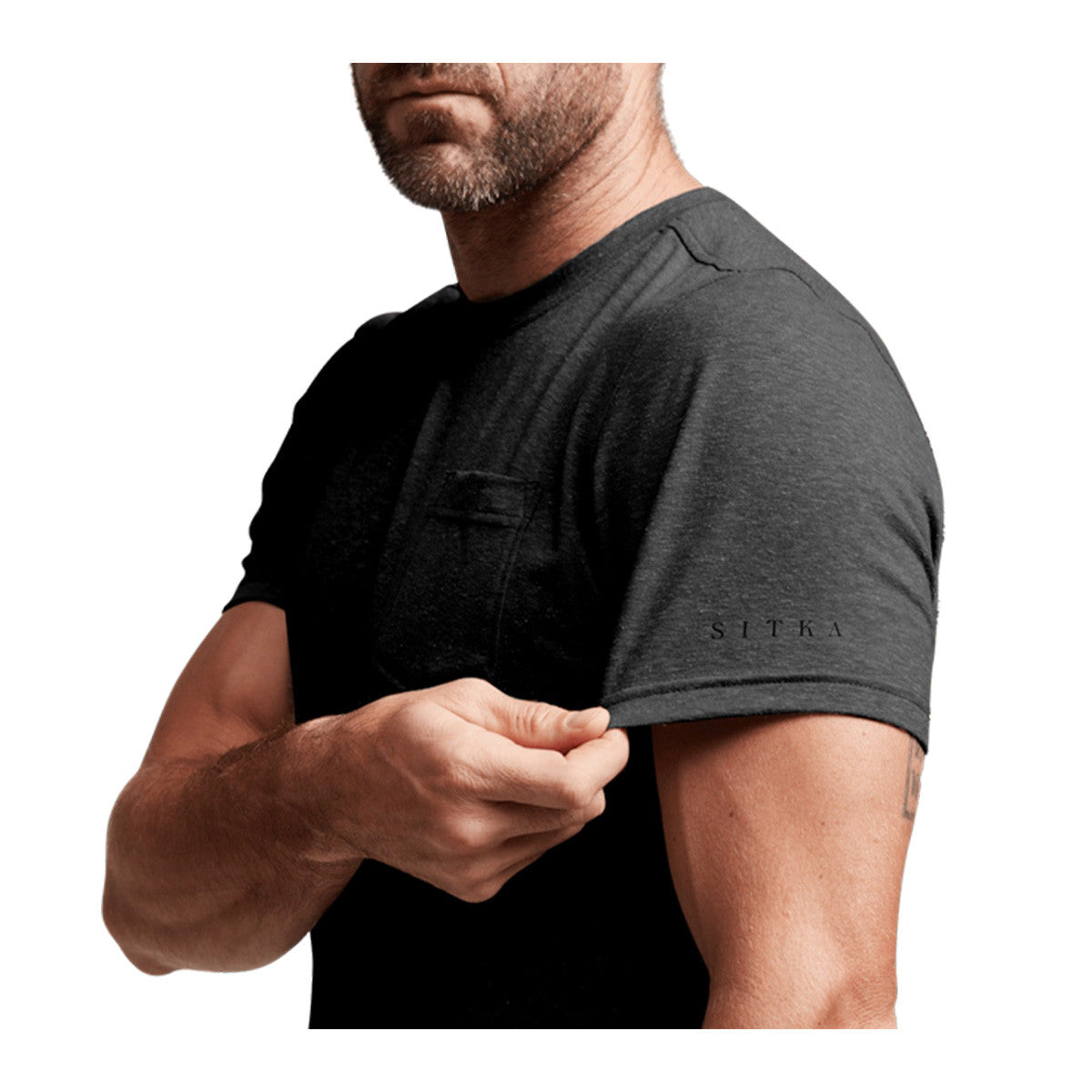 Sitka Essential Short-Sleeve Crew Model Sleeve Image in Sitka Black Heather