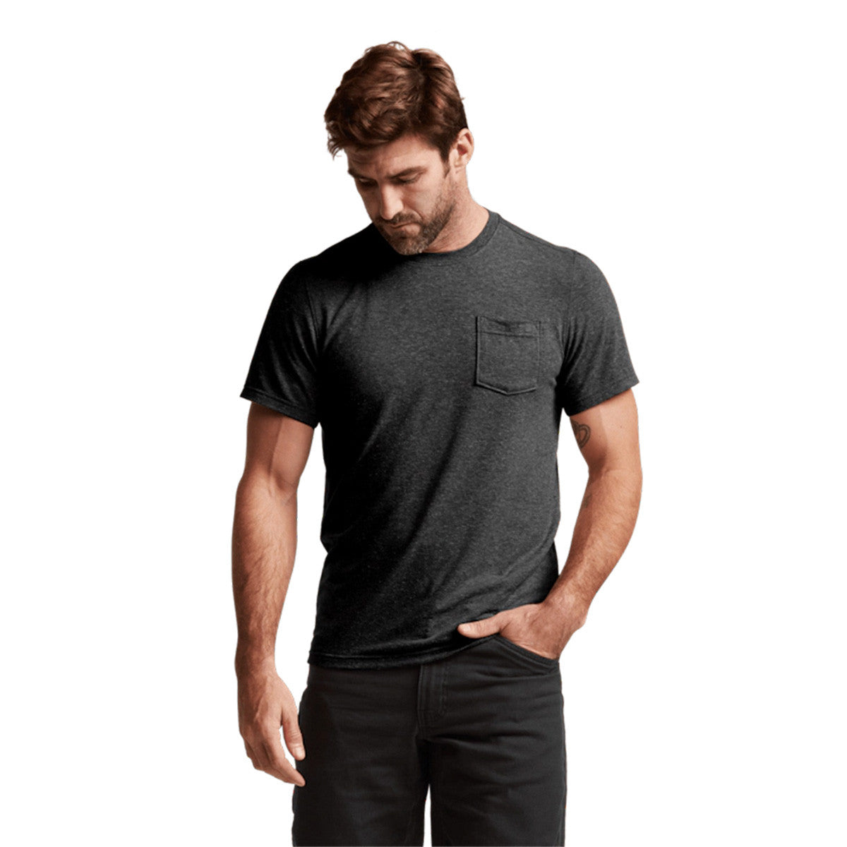 Sitka Essential Short-Sleeve Crew Model Image in Sitka Black Heather