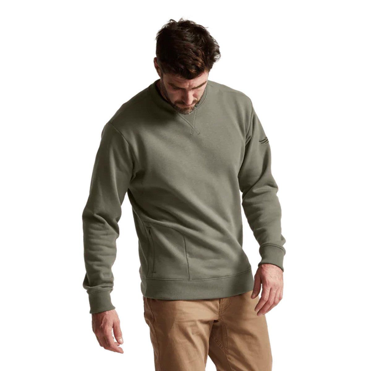 Sitka Essential Crew Sweatshirt Model Image, Oak Variation