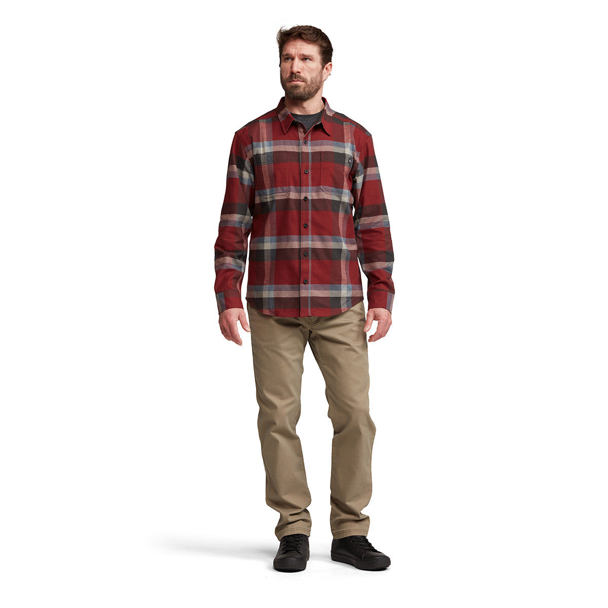 Sitka Ashland Light Weight Flannel Front Model Image in Dark Red Fall Plaid