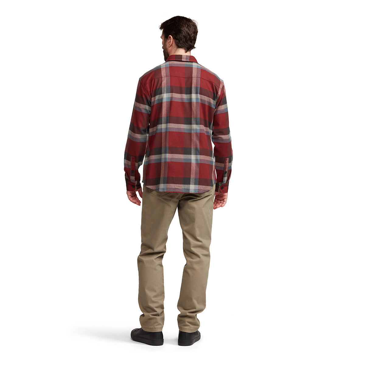 Sitka Ashland Light Weight Flannel Back Model Image in Dark Red Fall Plaid