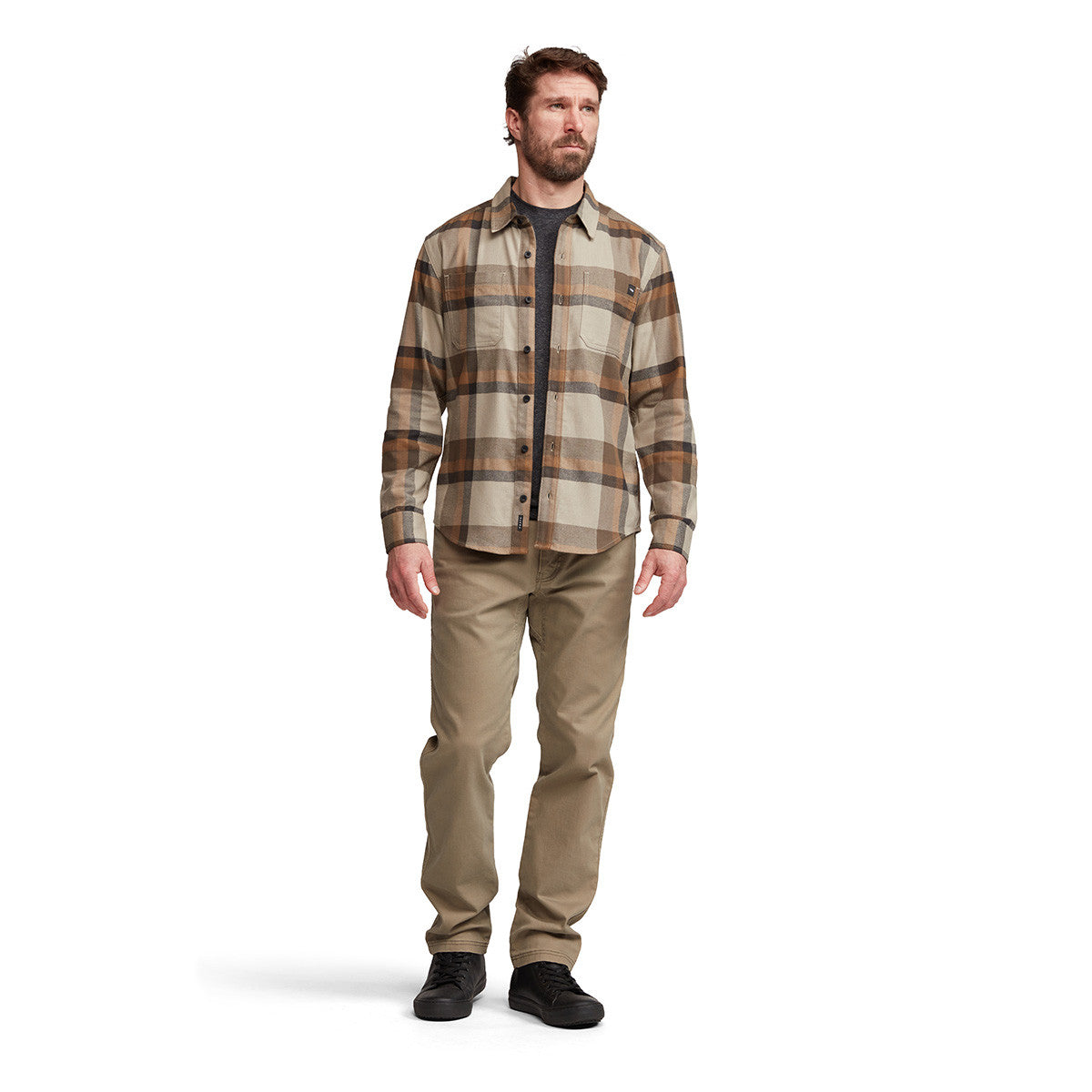 Sitka Ashland Light Weight Flannel Front Model Image in Oak Fall Plaid