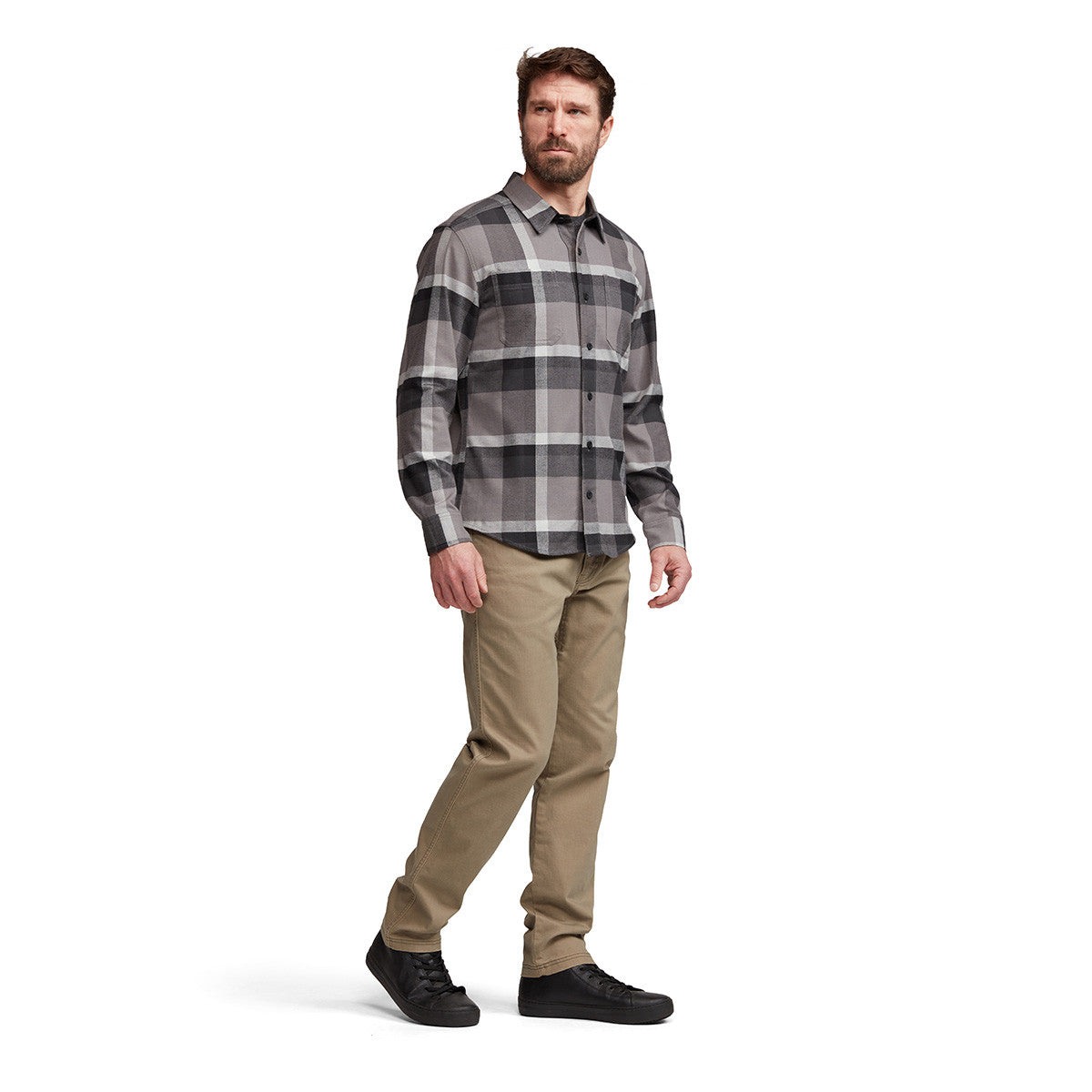 Sitka Ashland Light Weight Flannel Front Model Image in Woodsmoke Fall Plaid