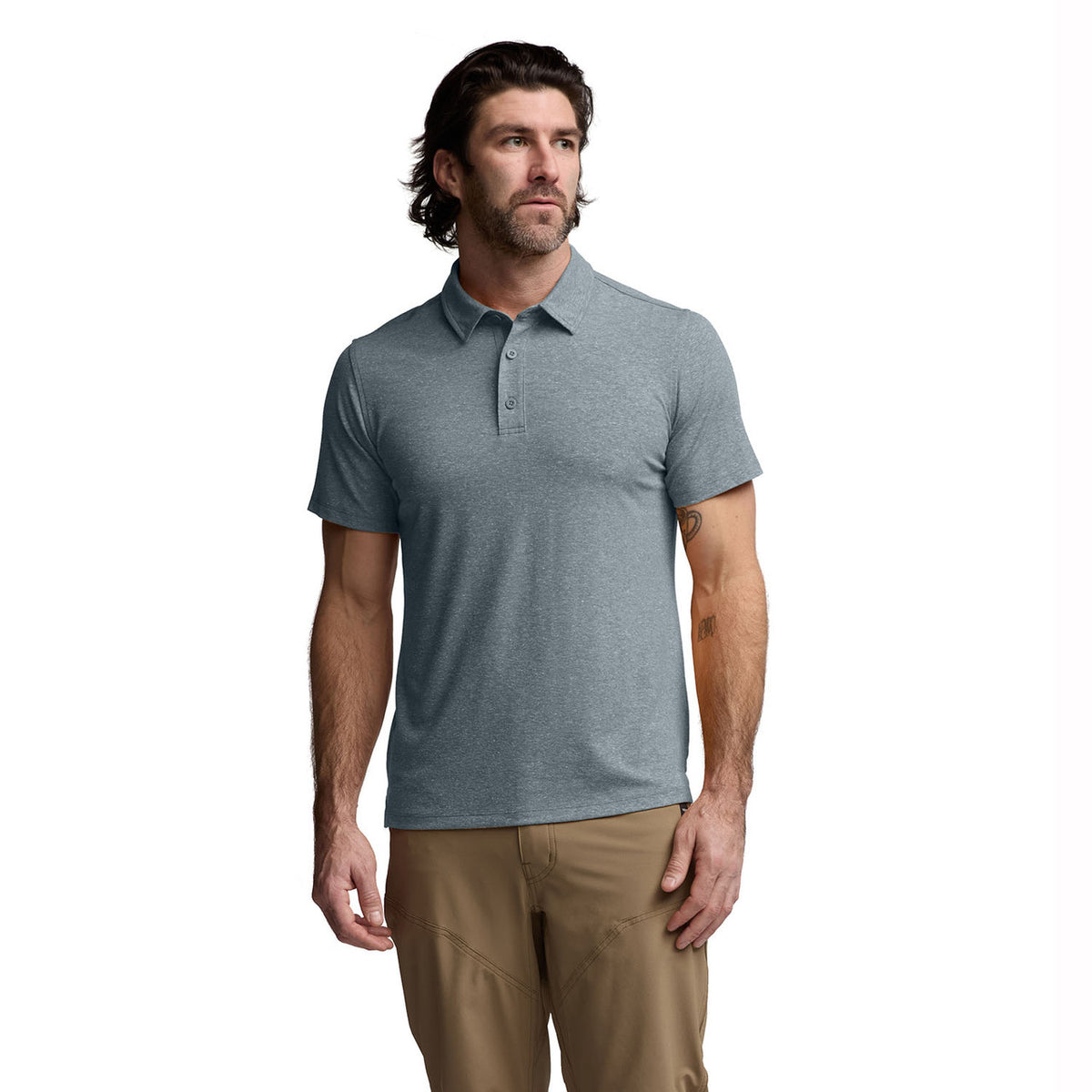 Sitka Essential Short-Sleeve Polo Front Model Image in Bluestone Heather