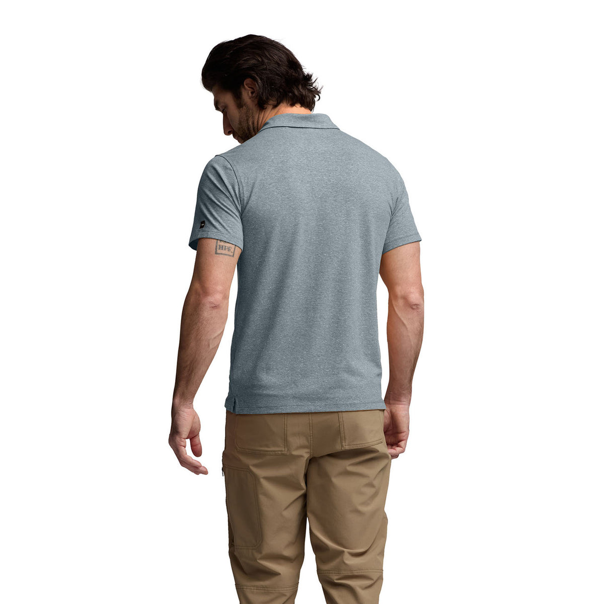 Sitka Essential Short-Sleeve Polo Back Model Image in Bluestone Heather