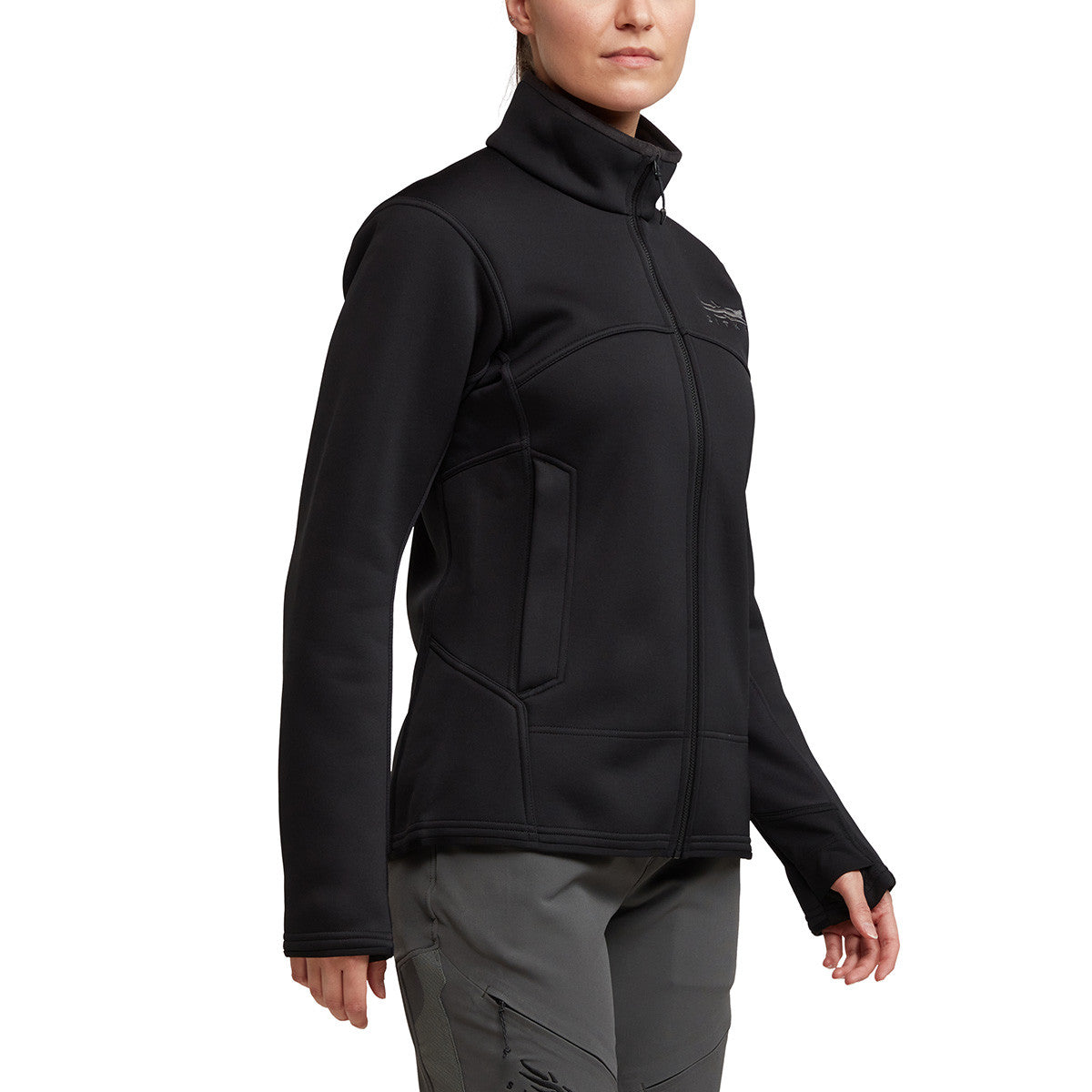 Sitka Women's Traverse Jacket Front Angled Image in Sitka Black