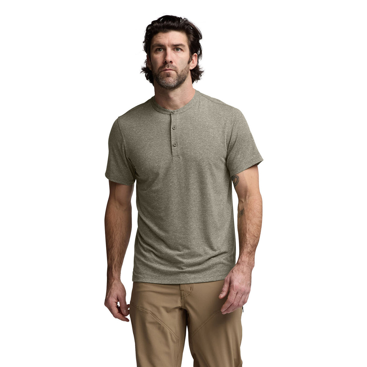 Sitka Essential Short-Sleeve Henley Front Model Image in Oak Heather