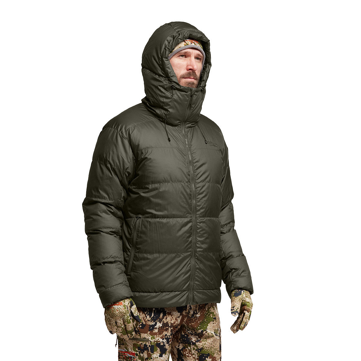 Sitka Kelvin HyperDown Jacket Angled Model Image in Deep Lichen