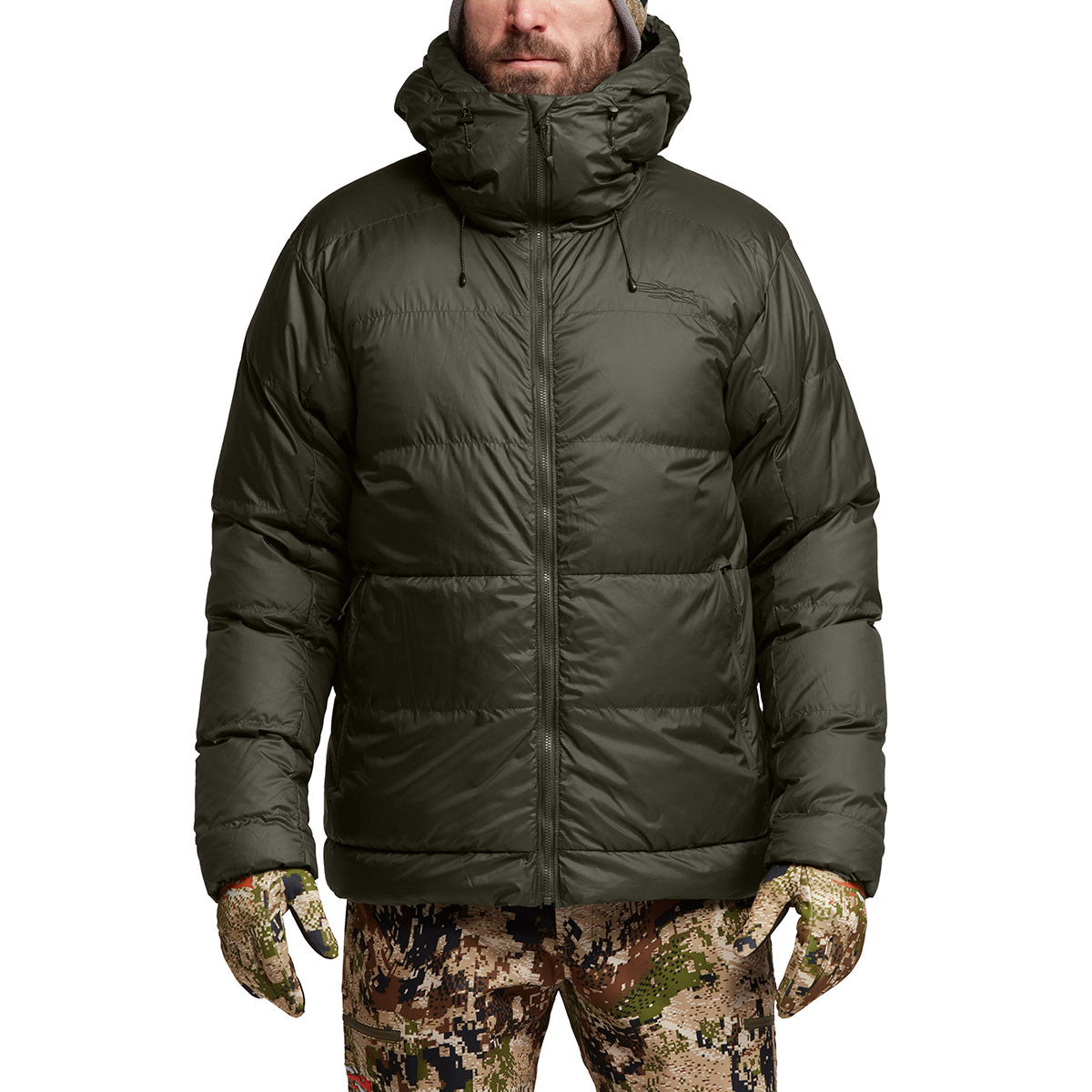 Sitka Kelvin HyperDown Jacket Front Model Image in Deep Lichen