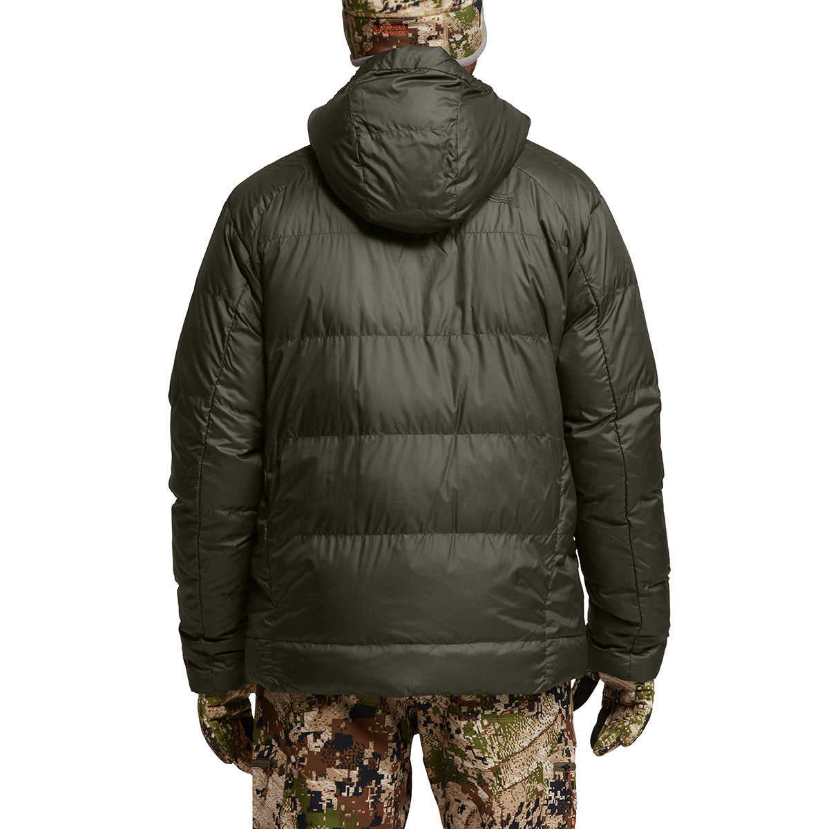 Sitka Kelvin HyperDown Jacket Back Model Image in Deep Lichen