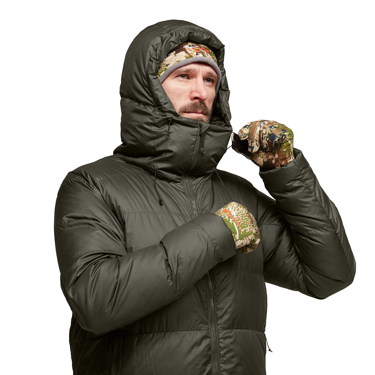 Sitka Kelvin HyperDown Jacket Adjustable Hood Image in Deep Lichen