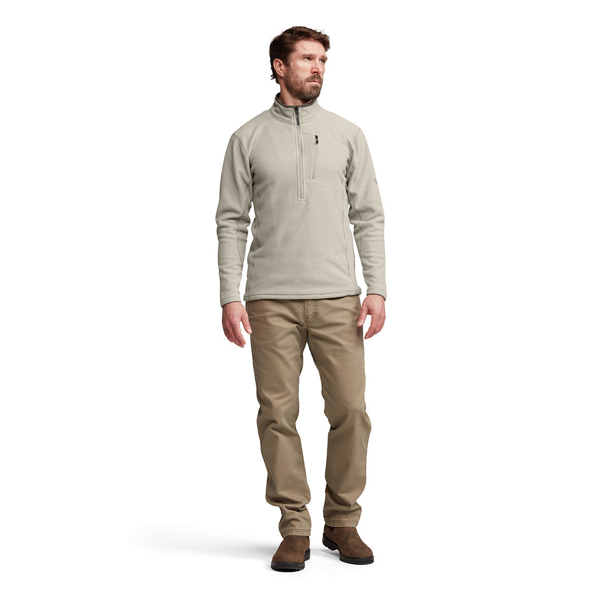 Sitka Snowcrest Half-Zip Fleece Pullover Front Model Image in Oak Heather
