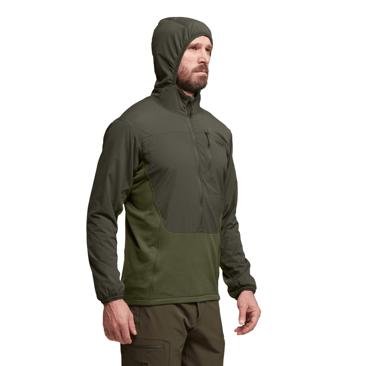 Sitka Ambient 75 Hoodie Front Hood Up Image in Deep Lichen