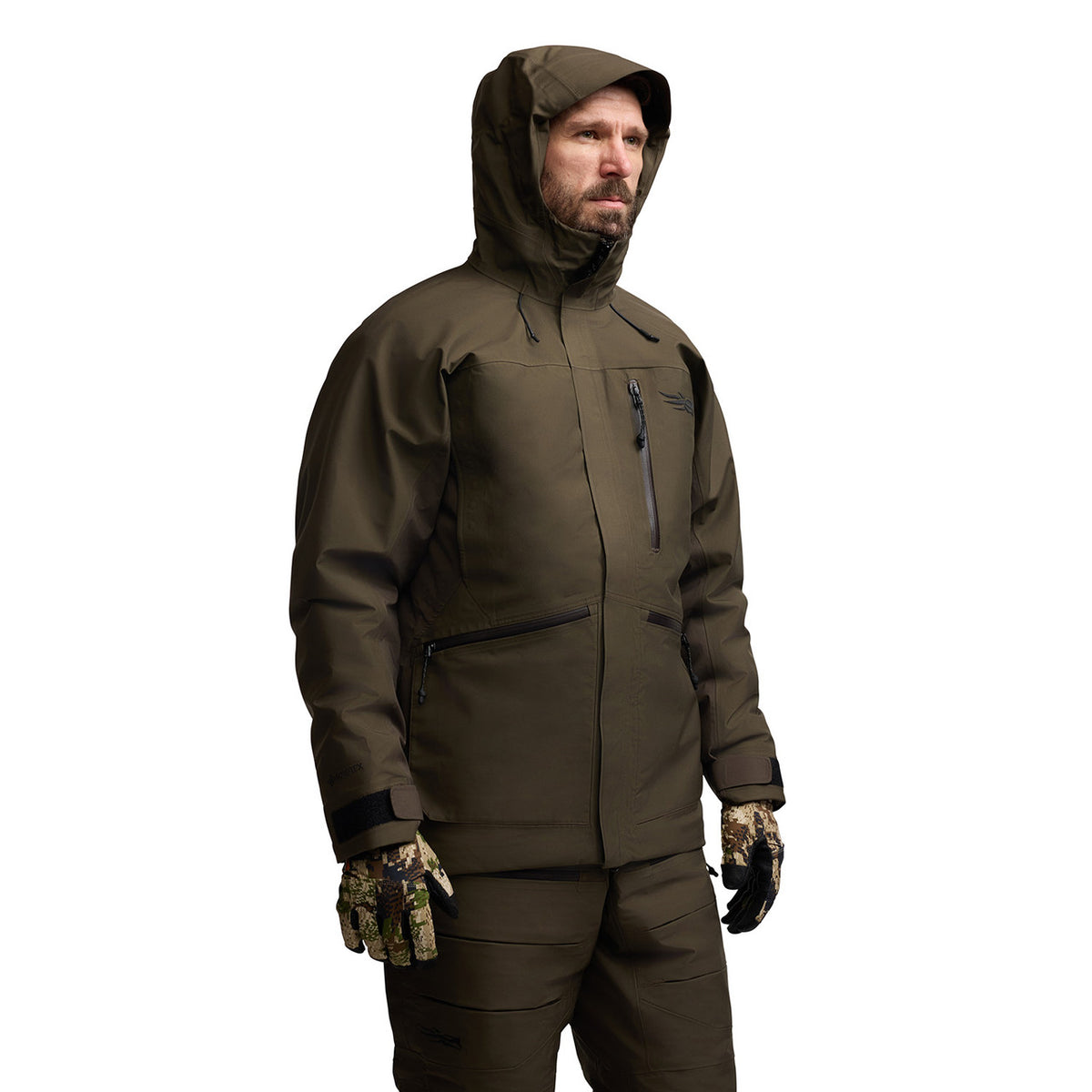 Sitka Blizzard Pro Parka Front Model Image with Hood Up