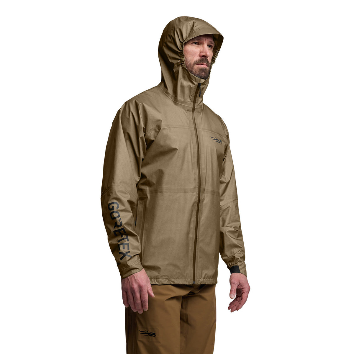Model Image of Sitka Dew Point UL Jacket with the Hood Up.
